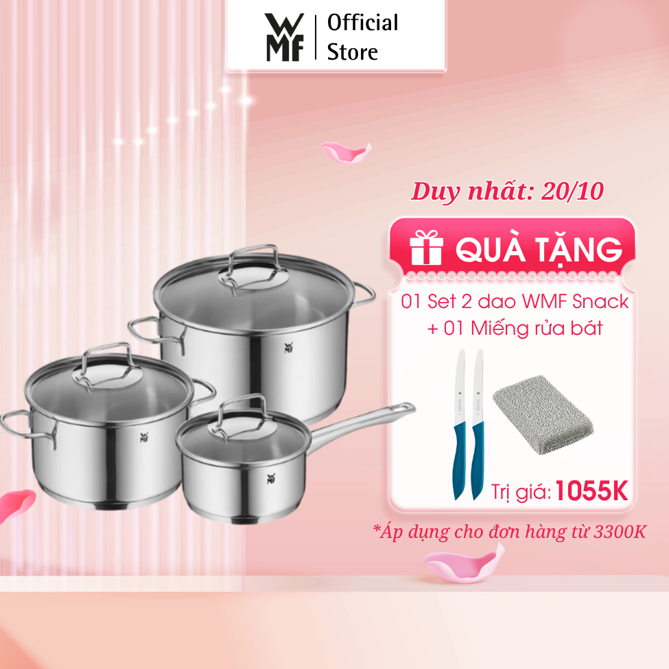 Bộ Nồi WMF Astoria, Đáy Từ 3 Lớp, Thép Không Gỉ Cromargan Size 24,20,16cm, Dùng Được Bếp Từ