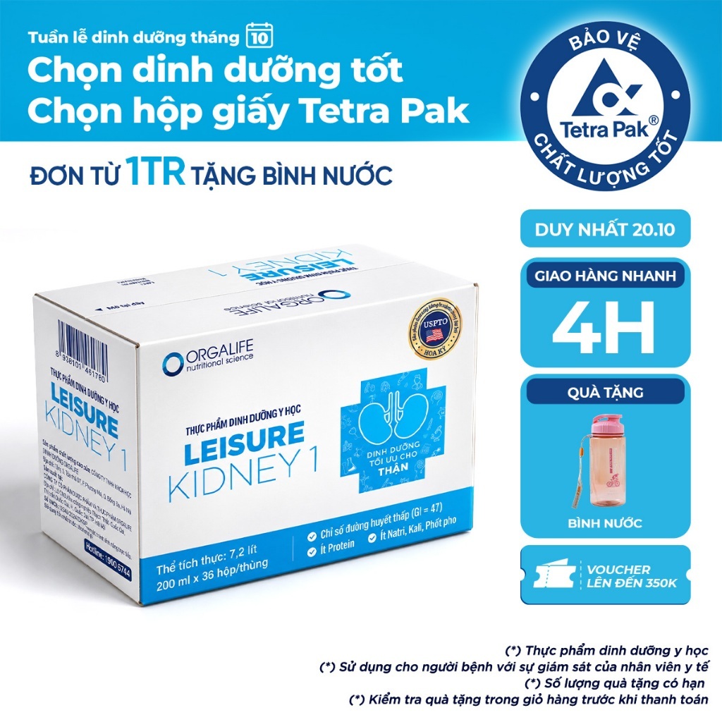 Thùng 36 Hộp LEISURE KIDNEY 1 Dinh Dưỡng Hỗ Trợ Giảm Protein (200ml/Hộp)