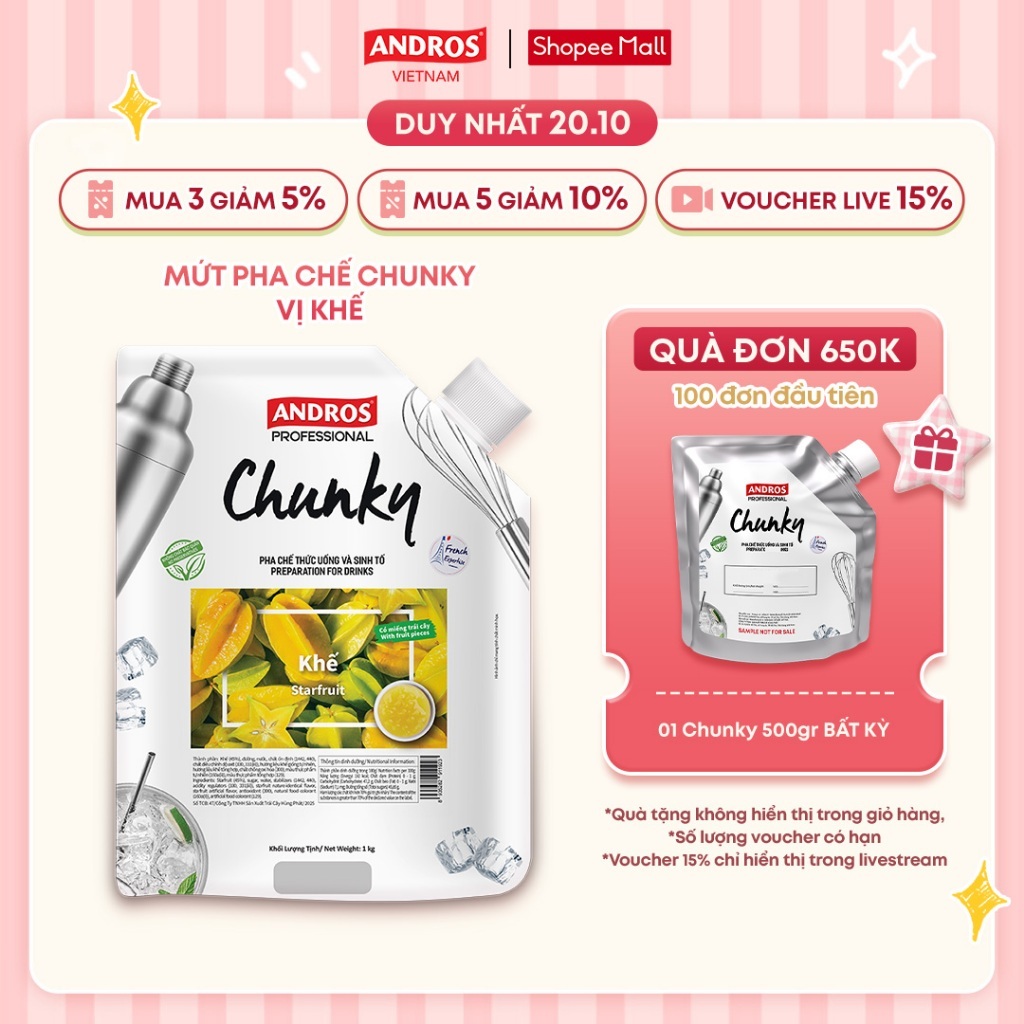Mứt Trái Cây Pha Chế Khế - Có miếng trái cây thật - Nguyên liệu pha chế - ANDROS CHUNKY - 1kg