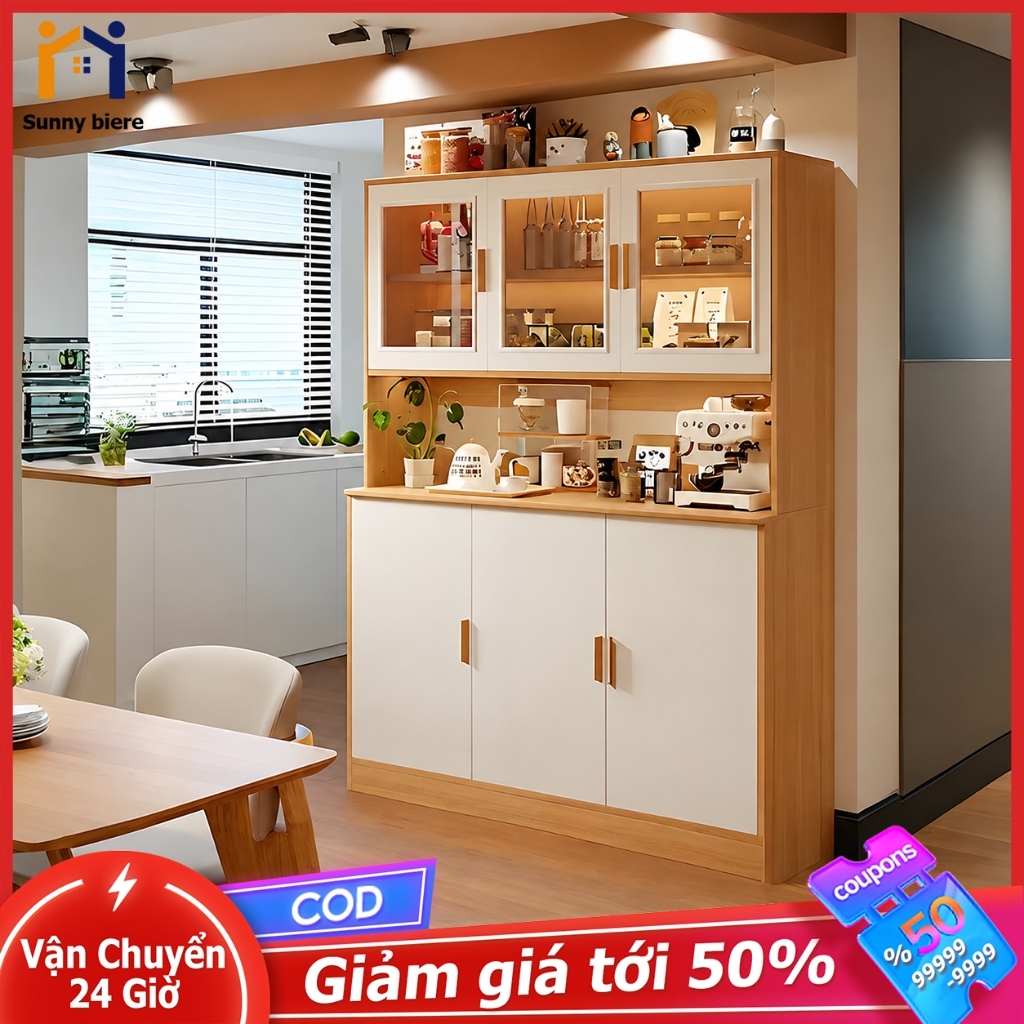 Tủ bếp 6 cánh, cửa trên acrylic, nhiều ngăn, có kệ để lò vi sóng, gọn gàng cho phòng ăn 𝙎𝙐𝙉𝙉𝙔 𝘽𝙄𝙀𝙍𝙀