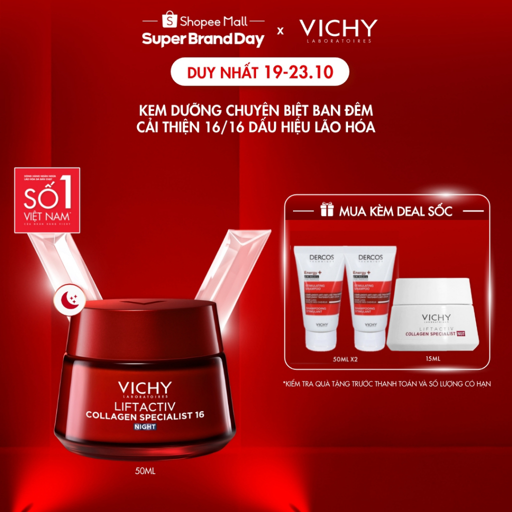 Kem dưỡng đêm Vichy Collagen 16 giúp trẻ hóa da, ngăn ngừa và giảm nếp nhăn, làm sáng da, giúp da căng đầy 50ml