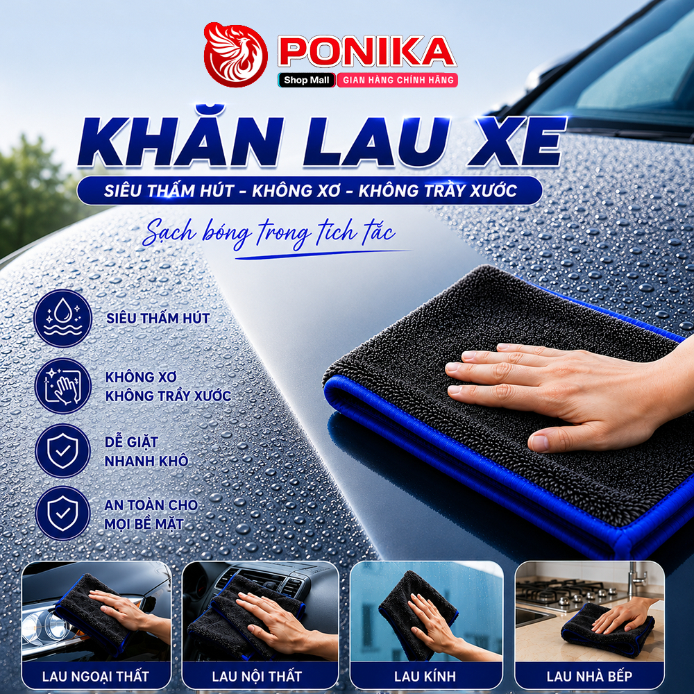 Khăn Superfine Fiber 650gsm - PONIKA ,Lau Xe Ô Tô Siêu Thấm Hút , Khăn Lau Đa Năng Cao Cấp