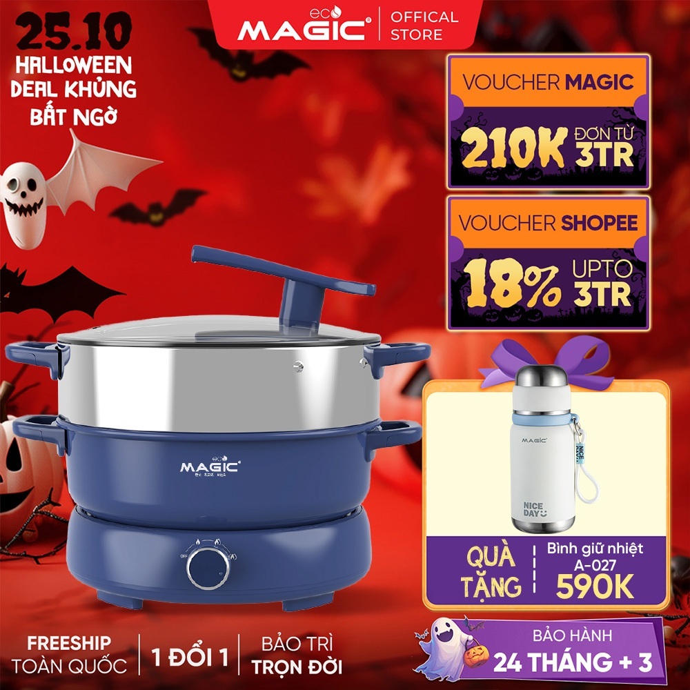 Nồi Lẩu Hấp Thủy Nhiệt, Lẩu Nướng Đa Năng Magic Eco AC-282 6L, Kèm Xửng Hấp & Khay Nướng, 1800W