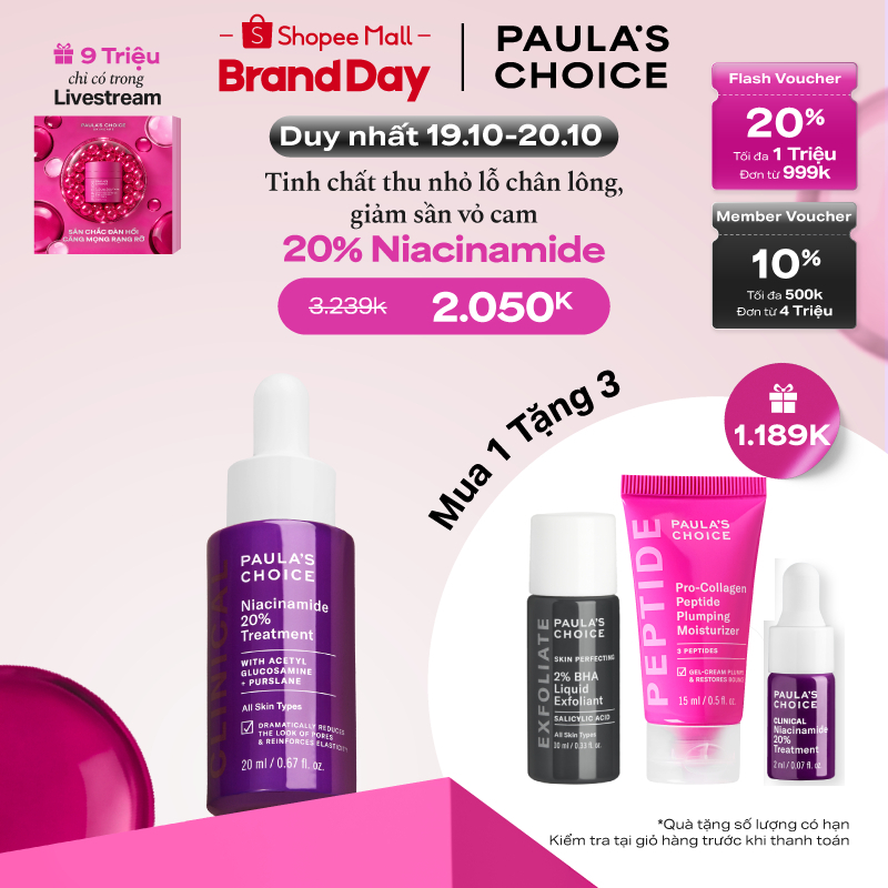 Tinh chất thu nhỏ lỗ chân lông to và làm sáng mịn bề mặt da Paula's Choice Clinical Niacinamide 20% Treatment 20ml 8030