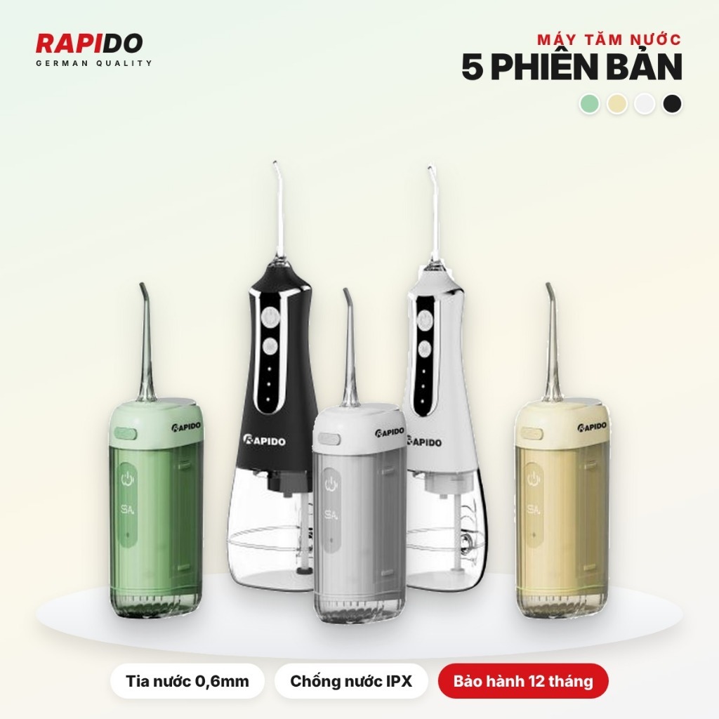 Máy Tăm Nước  Rapido RW200 RW-300 Tia Nước 0.6mm Nhiều Chế Độ, Pin Sạc, Chống Nước, Vệ Sinh Răng Miệng