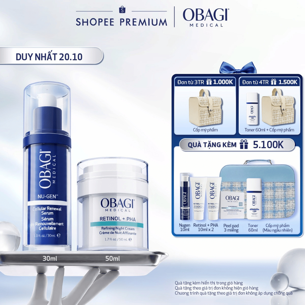 Combo Serum Kích Hoạt Năng Lượng Tế Bào Obagi Nugen 30ml & Kem Dưỡng Đêm Obagi Retinol + PHA 50ml