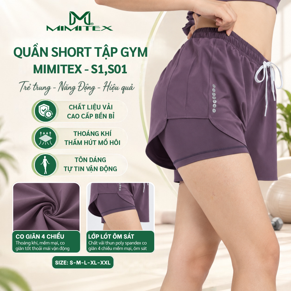 Quần Đùi Tập Gym Yoga Nữ MIMITEX S1 S01 Thiết Kế 2 Lớp Lót Ôm Có Túi Vải Thoáng Mát Co Giãn Thoải Mái