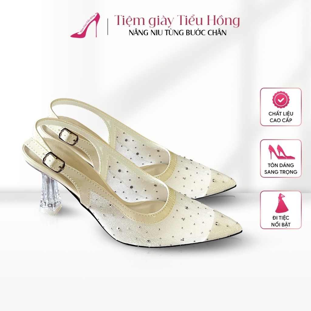 Giày Cao Gót Nữ Lụa Đính Hạt Pha Lê Mũi Nhọn Hở Gót Giày Mũi Nhọn 5 7 9cm Tiệm Giày Tiểu Hồng TH50