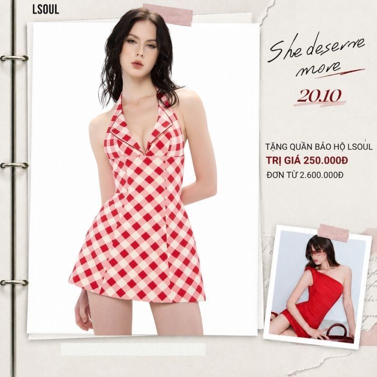 LSOUL - Gunbou Dress Đầm Chữ A Cổ Yếm Họa Tiết Caro Đỏ Cut Out Quyến Rũ V25071679