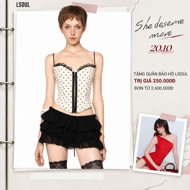 LSOUL Áo 2 Dây Corset Chấm Bi Phối Ren Jeana + Chân Váy Đen Xếp Tầng Birdy A24092779 CV23120671