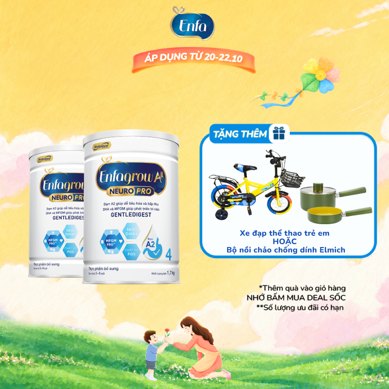 Bộ 2 lon sữa bột Enfagrow A2 Neuropro 4 giúp dễ tiêu hóa, hấp thu cho trẻ 3-6 tuổi – 1.7kg/lon