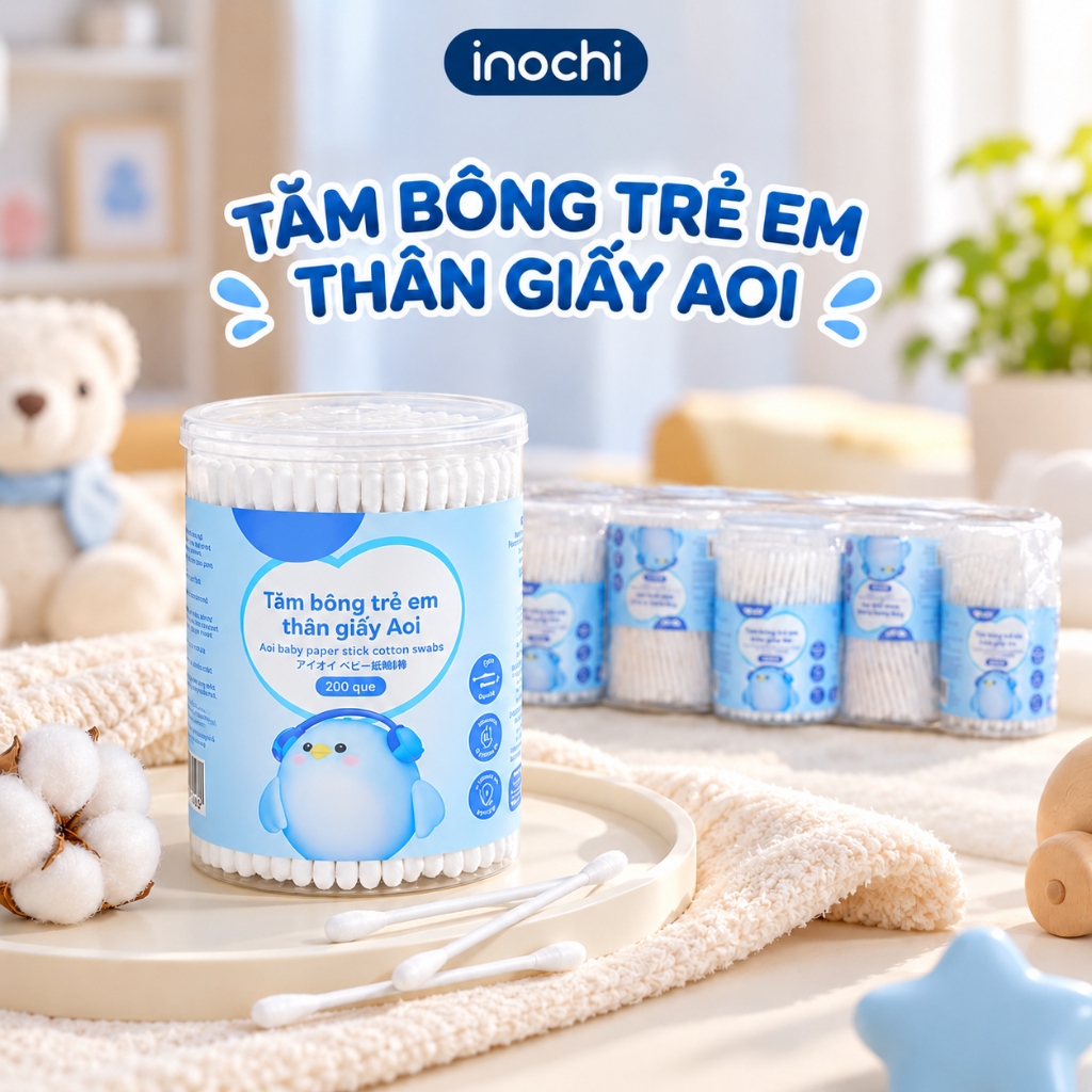 Tăm Bông Trẻ Em Thân Giấy Aoi Inochi 200 Que, Cotton Tự Nhiên Mềm Mại, Vệ Sinh Tai Mũi Cho Bé