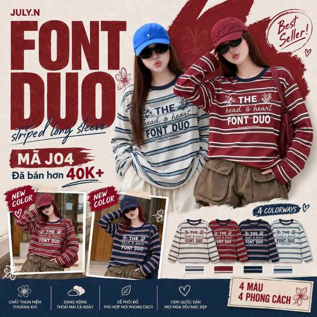 ÁO THUN NỮ JULY.N TAY DÀI KẺ SỌC FORM RỘNG CỔ TRÒN IN CHỮ THỜI TRANG