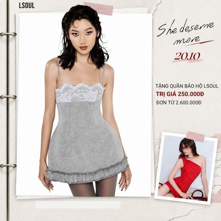 LSOUL Đầm 2 Dây Jean Xám Tiểu Thư Phối Ren Nelly Dress V24031600