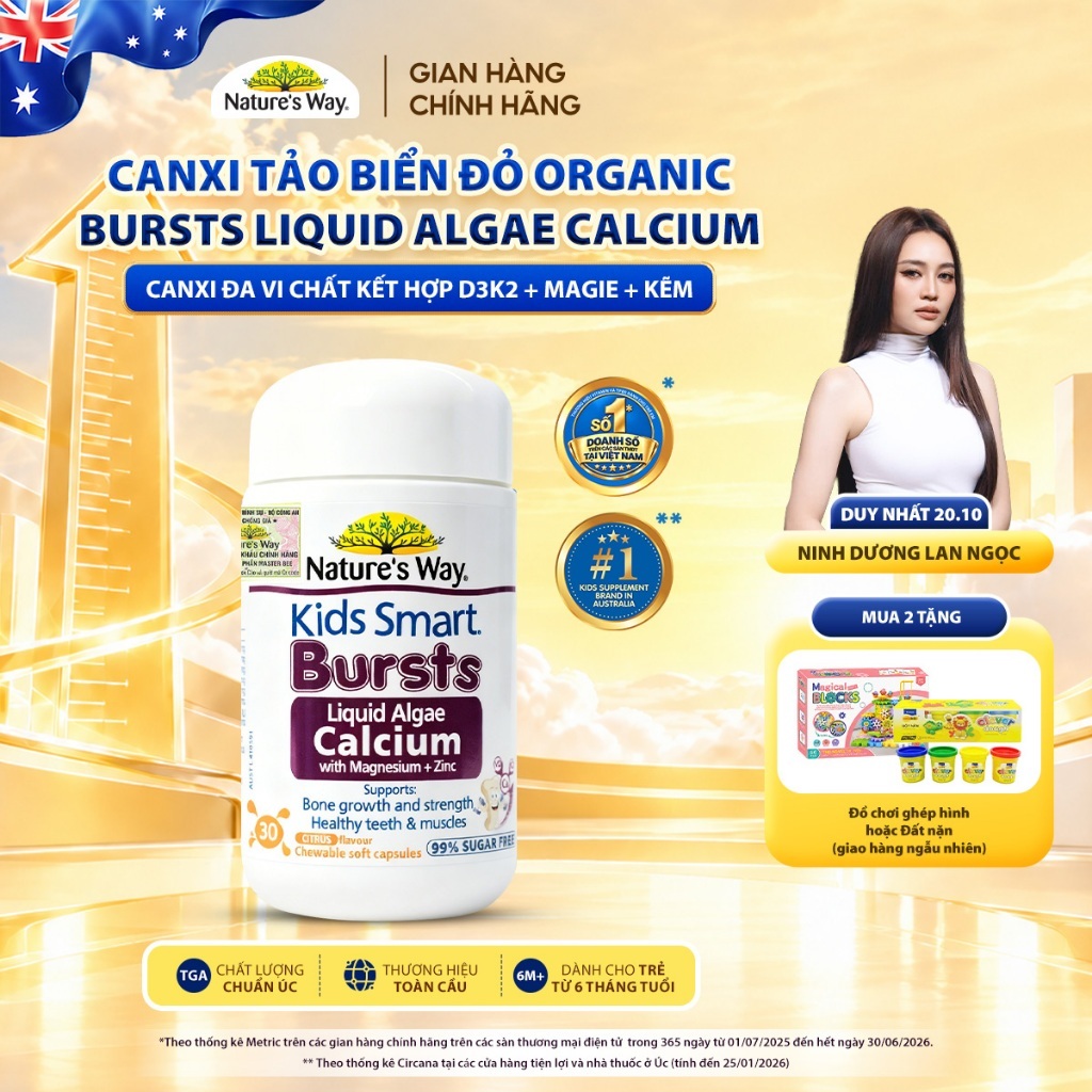 Viên Nhai Canxi Nature's Way Canxi Tảo Biển Đỏ Organic, Canxi đa vi chất Aquamin F Kết hợp D3K2, Magie, Kẽm Cho Bé 30v