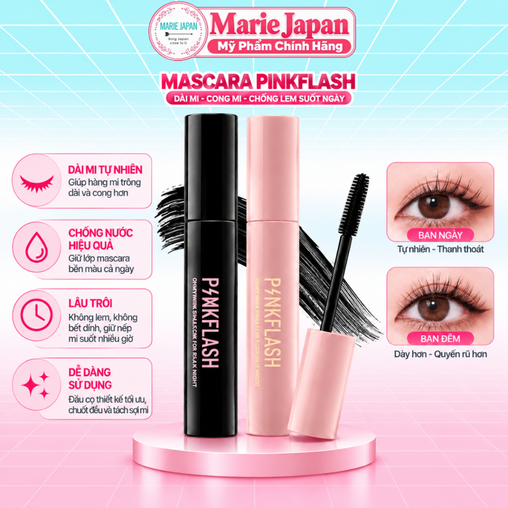 Mascara Pinkflash Ngày & Đêm Chống Nước Lâu Trôi, Chuốt Mi Dài Cong Dày, Không Lem Oilproof Curl Mascara E08