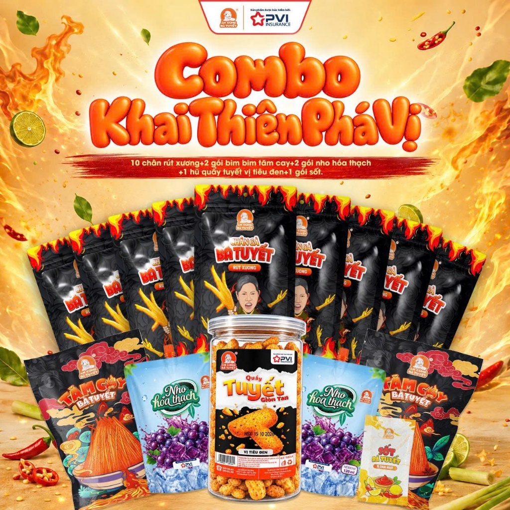 COMBO KHAI THIÊN PHÁ VỊ:10 Chân gà rút xương + 1 quẩy tuyết giòn tan + 2 nho hóa thạch + 1 gói sốt + 2 bim bim
