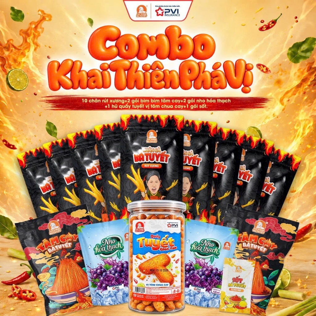 COMBO KHAI THIÊN PHÁ VỊ: 10 Chân gà rút xương + 1 quẩy tuyết giòn tan + 2 nho hóa thạch + 1 gói sốt + 2 gói bim bim
