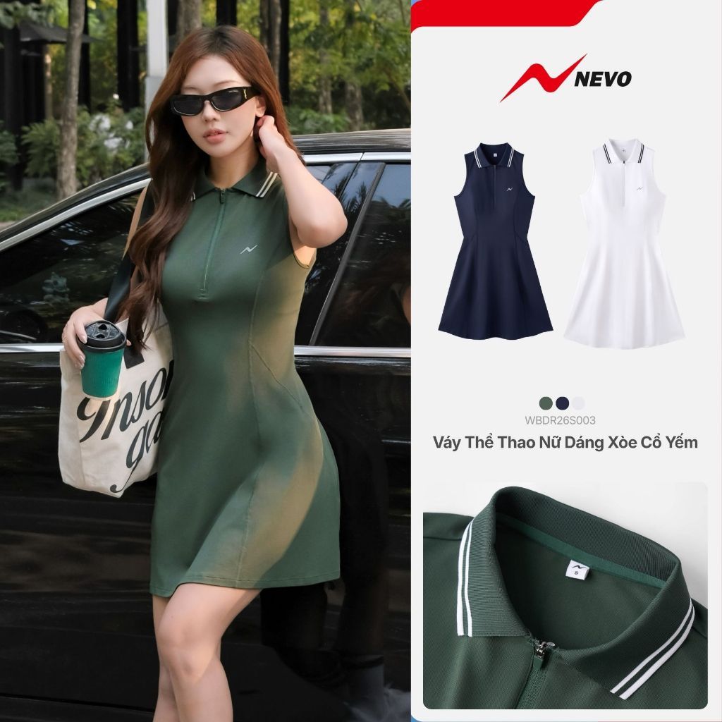 Váy Thể Thao Nữ NEVO Dáng Xòe Cổ Yếm Khoét Vai Cổ Zip Tập Tennis/Golf/Picklebal WBDR26S003