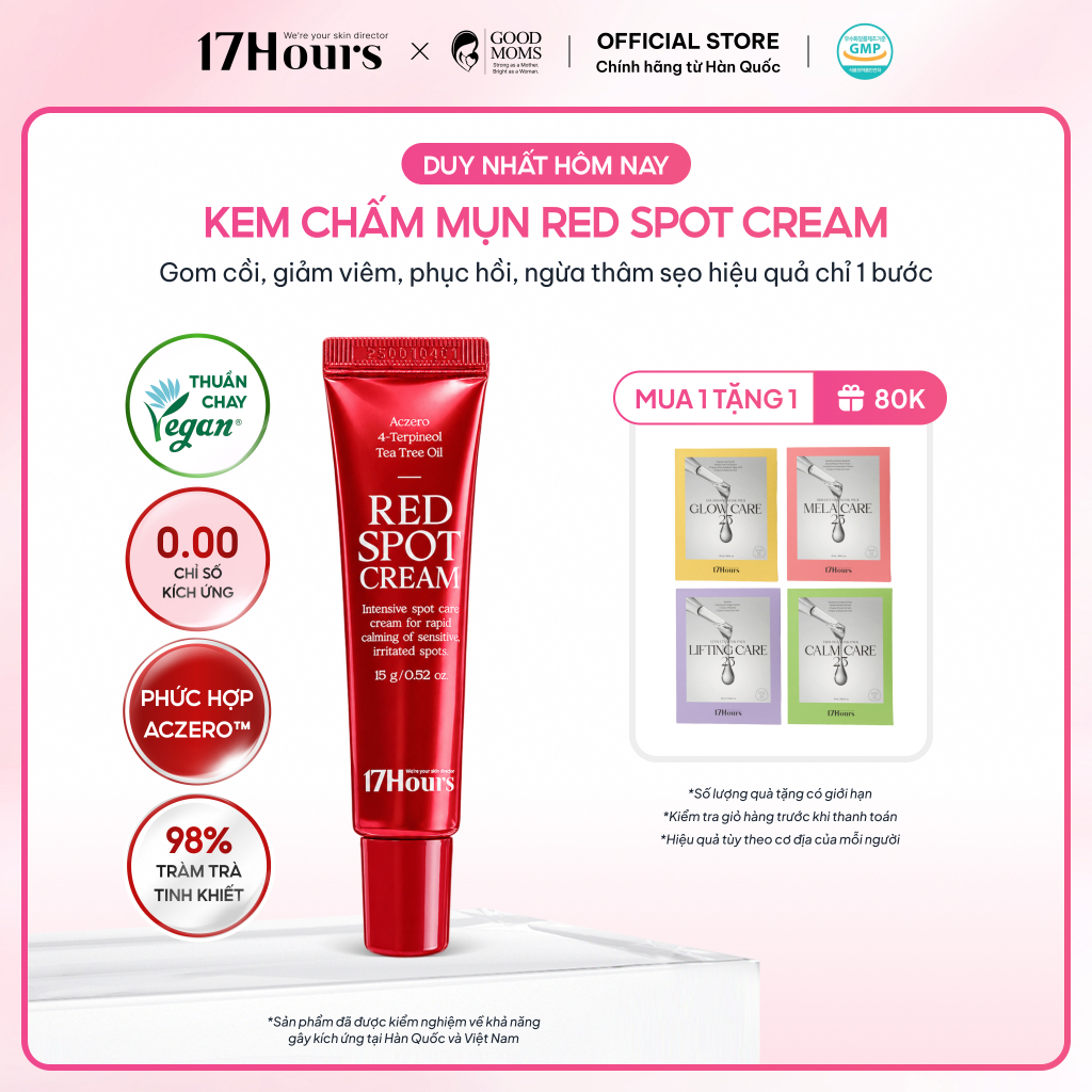 Kem Chấm Mụn 17Hours Red Spot Cream 15g Thuần Chay, chiết xuất tràm trà, dịu mụn sưng viêm, gom cồi nhanh, ngừa thâm mụn