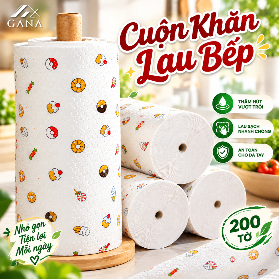 [LOẠI 1] Cuộn 200 Khăn Giấy Vải Lau Đa Năng Siêu Thấm Hút GANA, Lau Bếp, Lau Chén Bát, Siêu Dai, Có Thể Tái Sử Dụng,