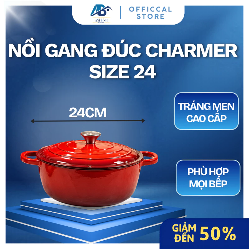 Nồi Gang Charmer Tráng Men CM24HK Size 24cm Màu Đỏ Dày Dặn Phù Hợp Mọi Bếp Hầm Xương Kho Cá - Ani Bình Đồ Gia — ảnh 1