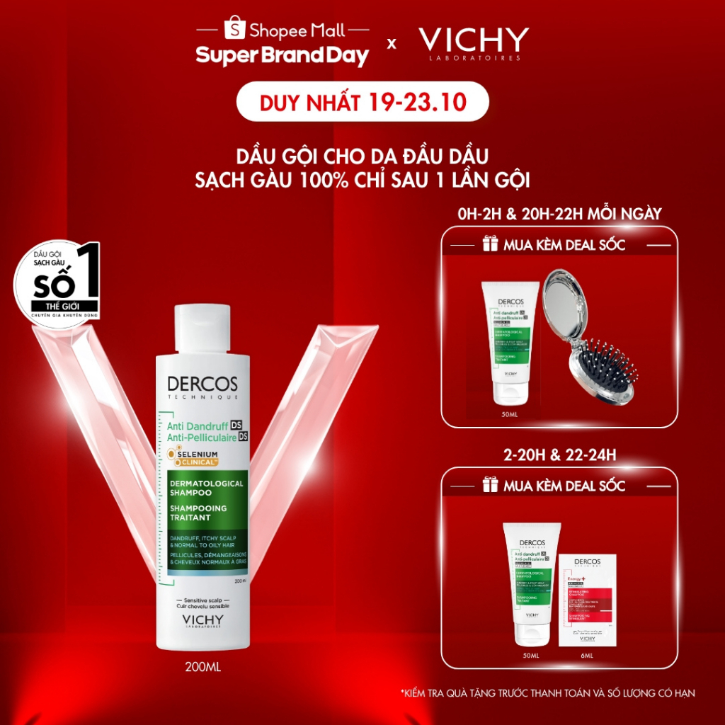 Dầu gội sạch gàu Dercos VICHY 100% chỉ sau 1 lần gội dành cho da dầu & ngứa, SỐ 1 Việt Nam chuyên gia khuyên dùng 200ml