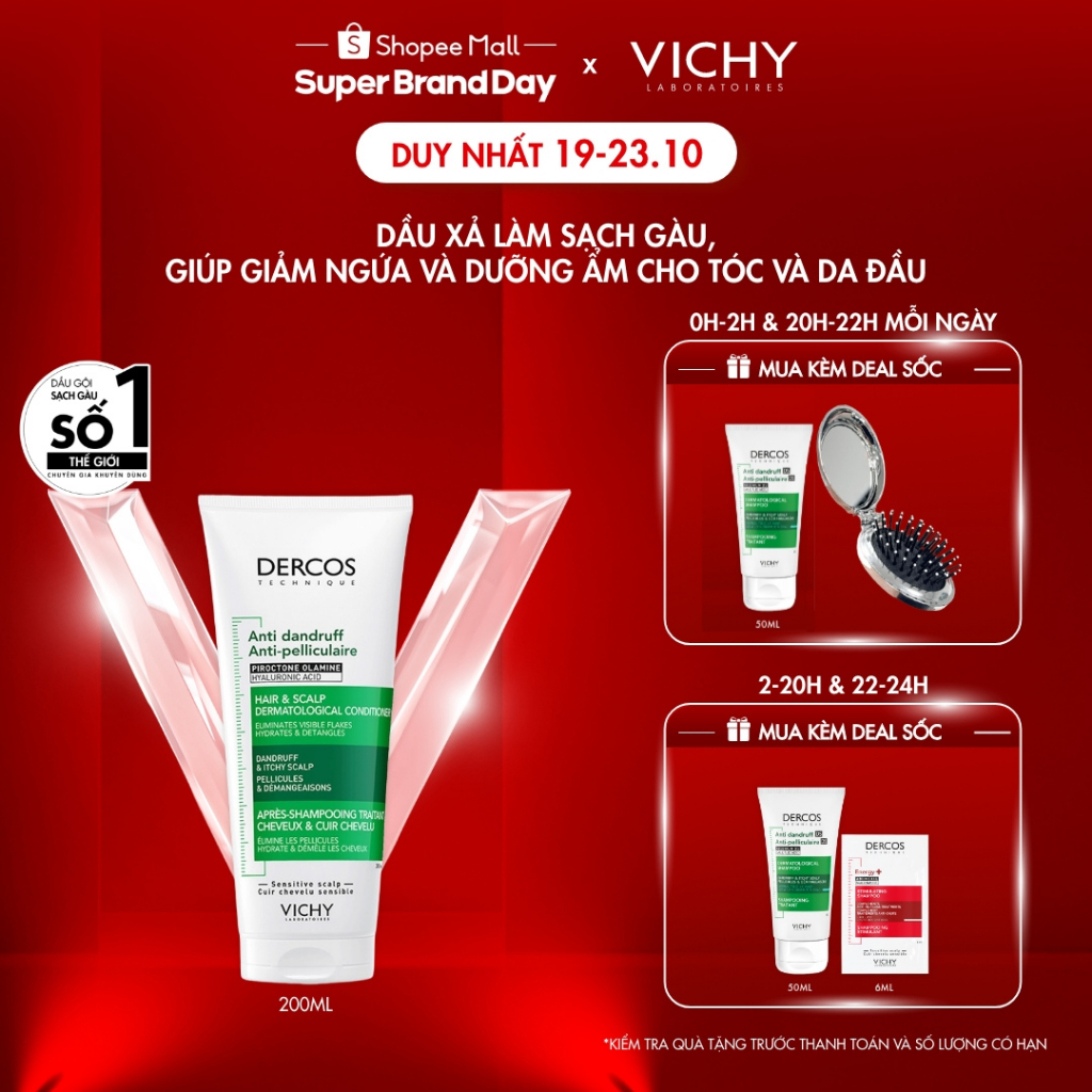 Dầu xả làm sạch gàu, giúp giảm ngứa và dưỡng ẩm cho tóc và da đầu - Dercos Technique Anti Dandruff Hair & Scalp 200ml