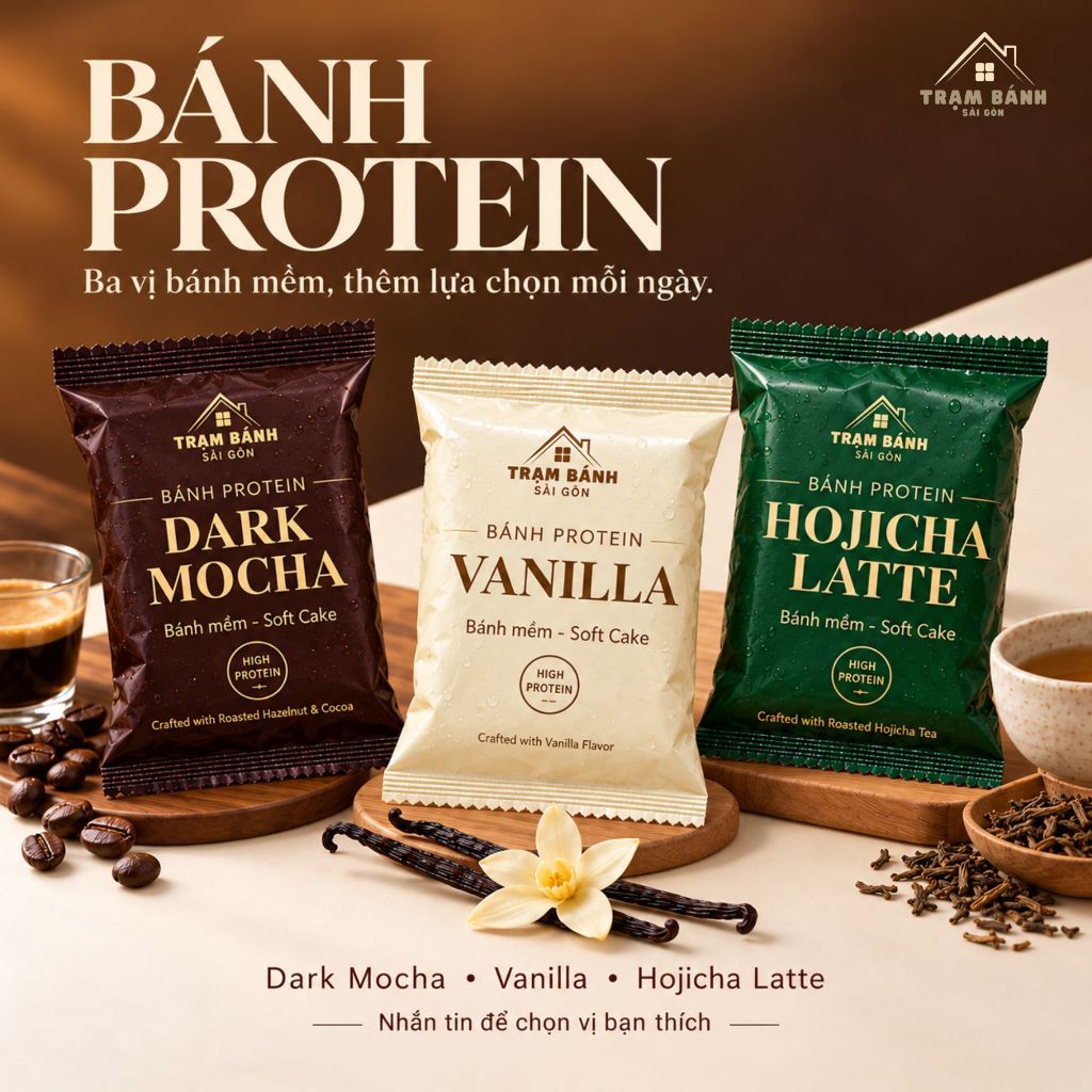 HỘP 24 Bánh Protein Mềm Mix 3 Vị Dark Mocha - Hojicha Latte - Vanilla – Mềm Thơm, Ít Ngọt, Ăn Là Mê