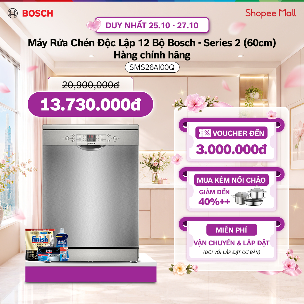 [ĐỘC QUYỀN ONLINE - VOUCHER SHOPEE LÊN TỚI 3TR] | Máy Rửa Chén Độc Lập 12 Bộ Bosch SMS26AI00Q_1 - Series 2