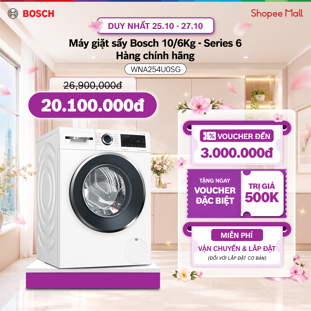 25.10 - 27.10 | Voucher Shopee lên đến 3tr | Máy giặt sấy Bosch 10/6Kg WNA254U0SG - Series 6 - Hàng chính hãng