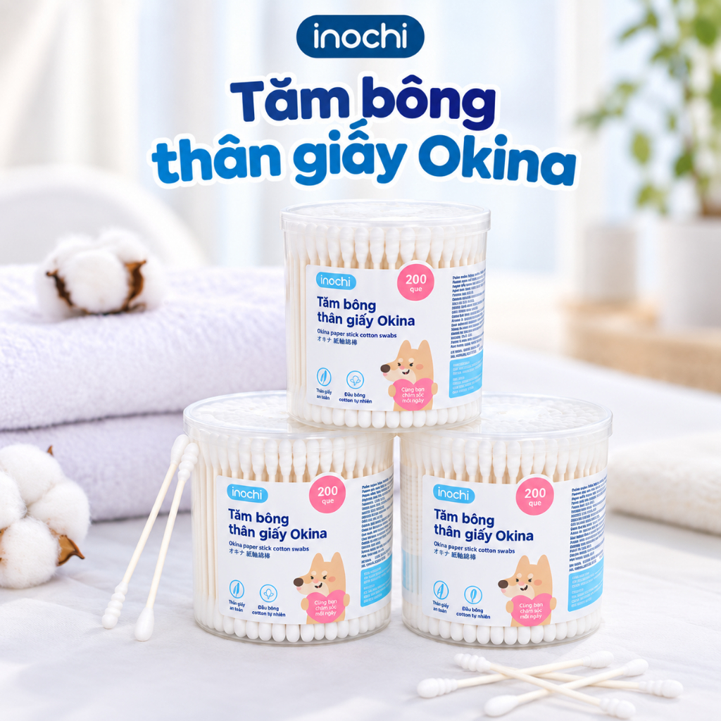 Tăm Bông Okina Thân Giấy, Bông Mềm Mại, Tiện Lợi Vệ Sinh Tai, Làm Sạch Và Chăm Sóc Cá Nhân