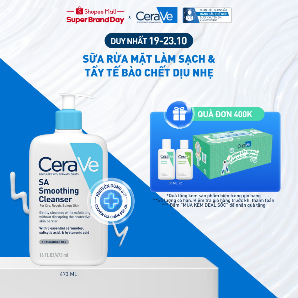 Sữa rửa mặt làm sạch da, loại bỏ dầu thừa và tẩy tế bào chết dịu nhẹ không gây khô da CeraVe SA Smoothing Cleanser 473ML