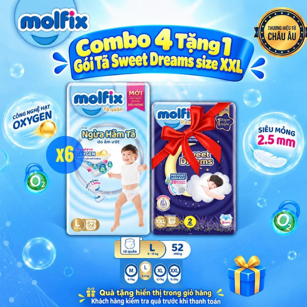 [Tặng 1 gói Sweet Dreams XXL] Combo 4 Tã/bỉm quần Molfix Oxy Super Jumbo giúp Ngừa Hăm Tã đủ các size