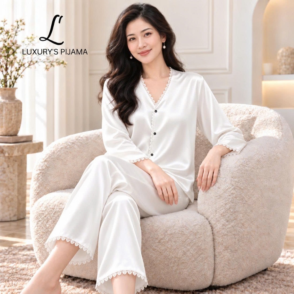 Đồ bộ LUXURY PIJAMA lụa latin cao cấp, mềm mịn sang trọng tay dài trơn phối ren TD028