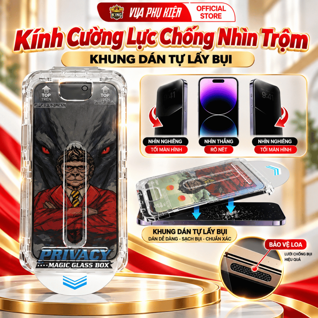 Kính Cường Lực iphone tự hút bụi MKING ,có kèm khung tự dán ,bảo vệ màng loa thế hệ mới, 11 12 13 14 15 16 17 18 Promax