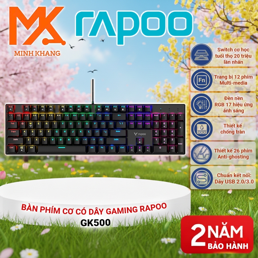 [Rapoo GK500 Chính Hãng] Bàn Phím Cơ Chơi Game RGB – Fullsize 104 Phím, Switch Cơ Học, LED Nhiều Hiệu Ứng (Giá Ưu Đãi)