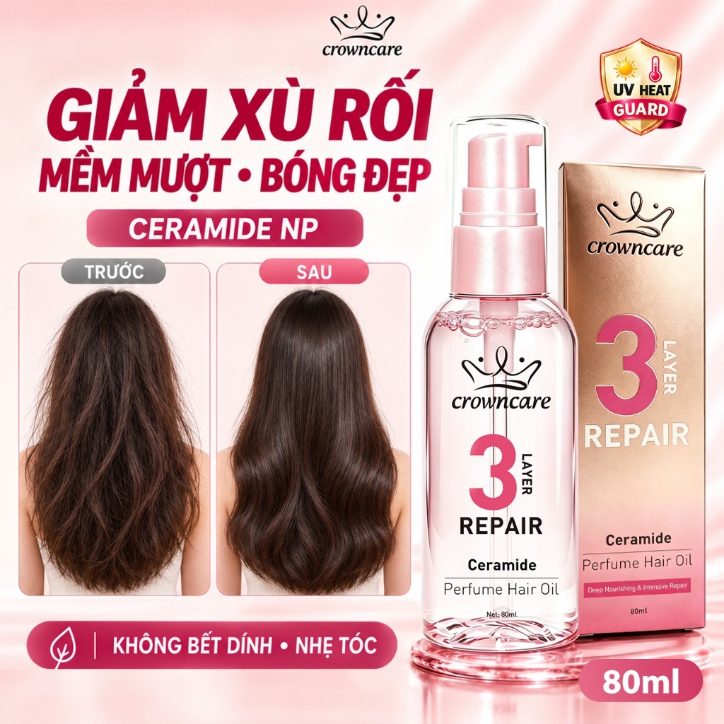CrownCare Tinh Dầu Dưỡng Tóc Ceramide NP 80ml, Giảm Xù Rối, Mềm Mượt Bóng Tóc, Không Bết Dính