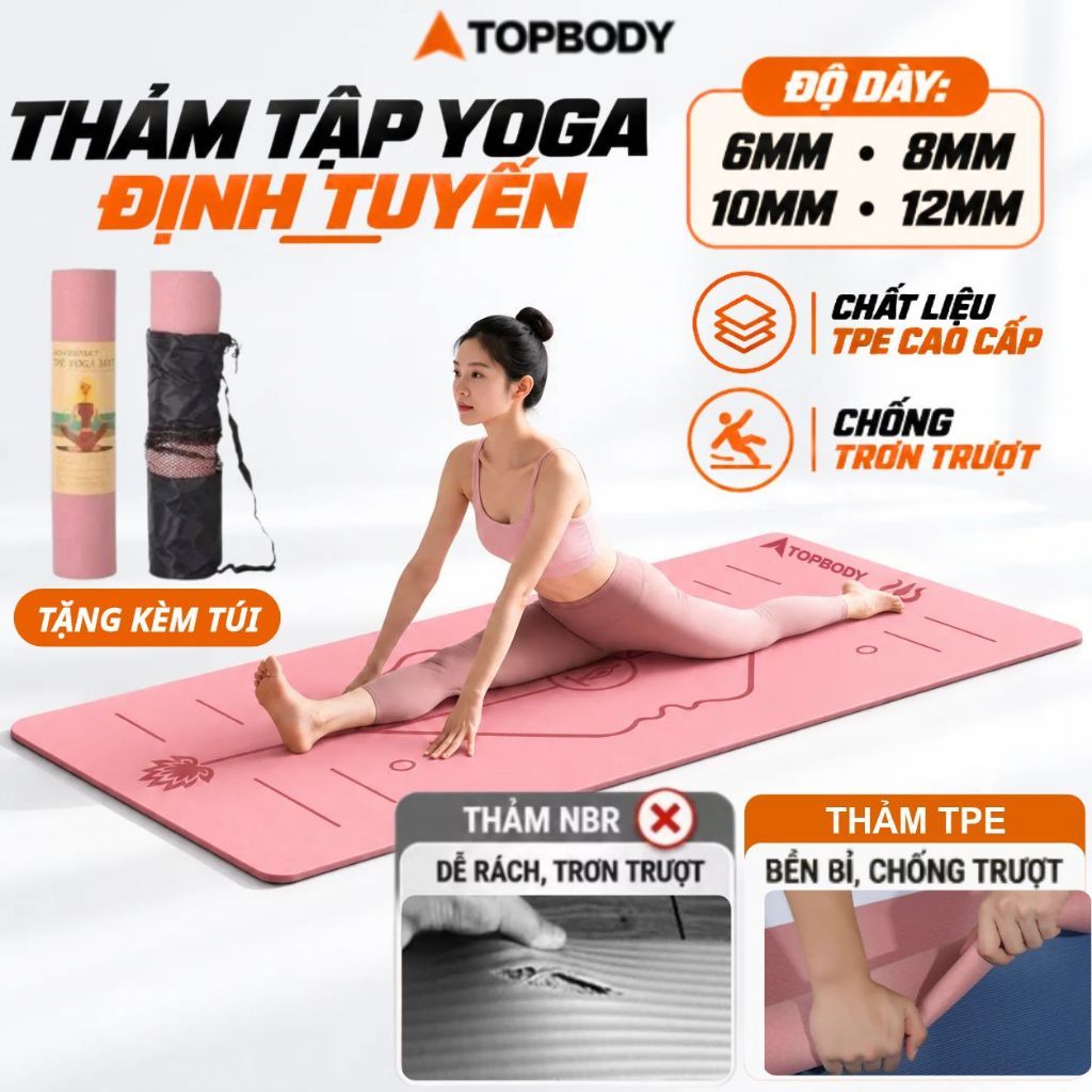 Thảm Yoga Định Tuyến TOPBODY 6/8/10mm Chống Trượt Chất Liệu TPE Cao Cấp Kèm Túi Đựng Đàn Hồi Tốt