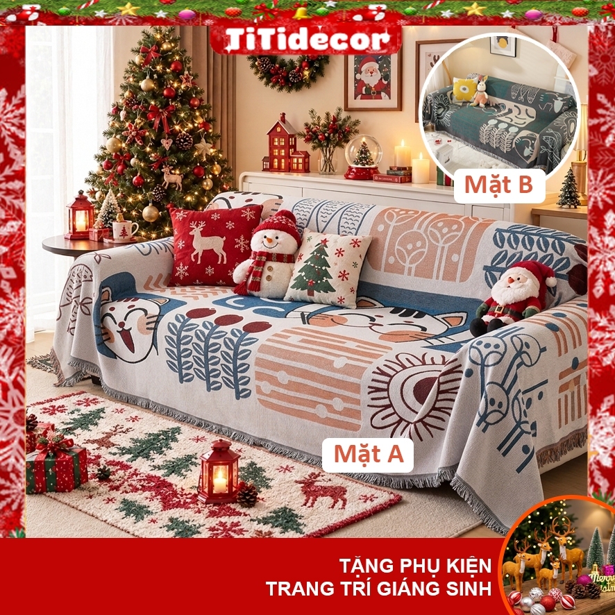 Khăn trải sofa decor Giáng sinh, khăn phủ sofa tua rua trang trí Noel, mền đắp thư giản, decor phòng khách