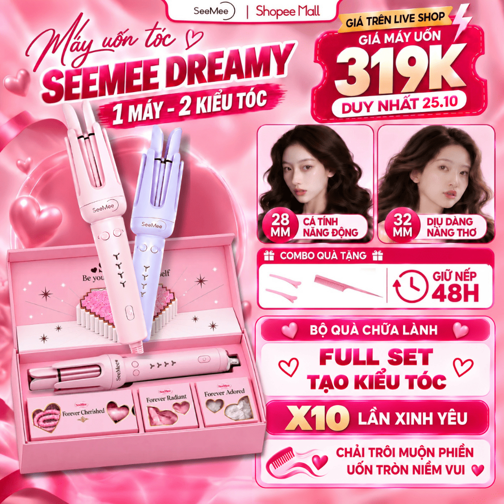 [GIÁ 287K TẠI LIVE SHOP] Máy Uốn Tóc Tự Động Seemee trục 28mm 32mm, Set Quà Tặng Cho Nữ LOVEBOX bản 2025, LIS