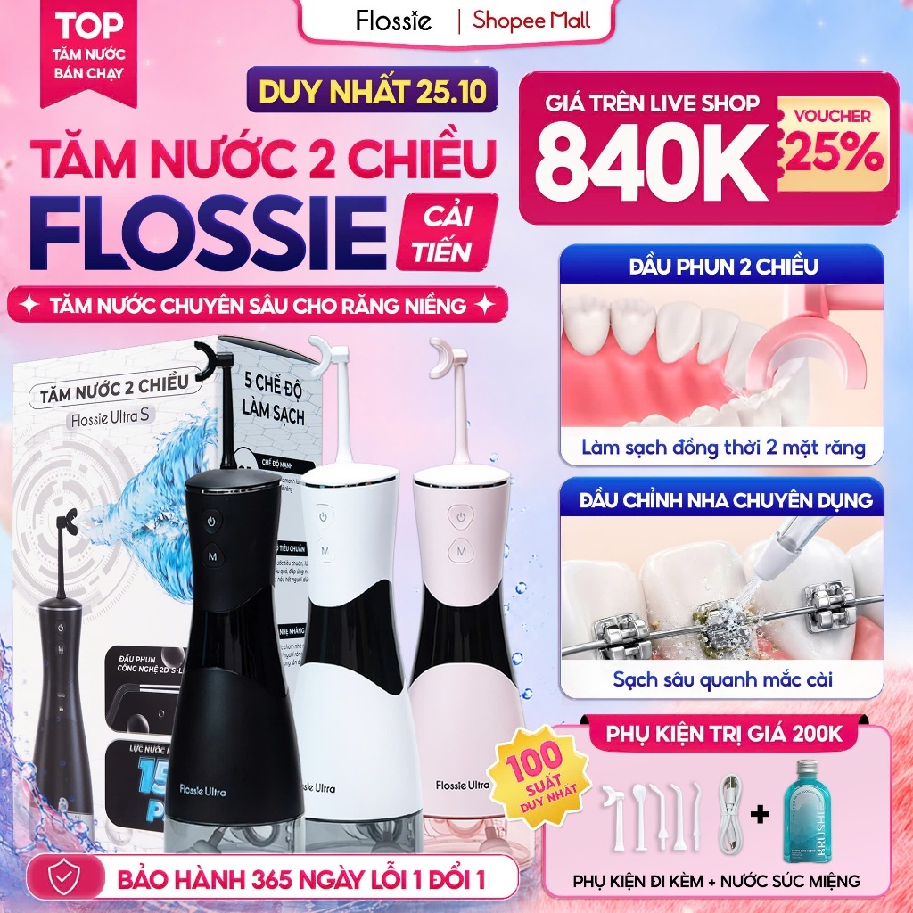 [GIÁ 816K LIVE SHOP] Tăm Nước 2 Chiều FLOSSIE ULTRA Vòi Phun 2 Chiều Đầu Xoay 360 Độ Phù Hợp Người Niềng Răng, LIS