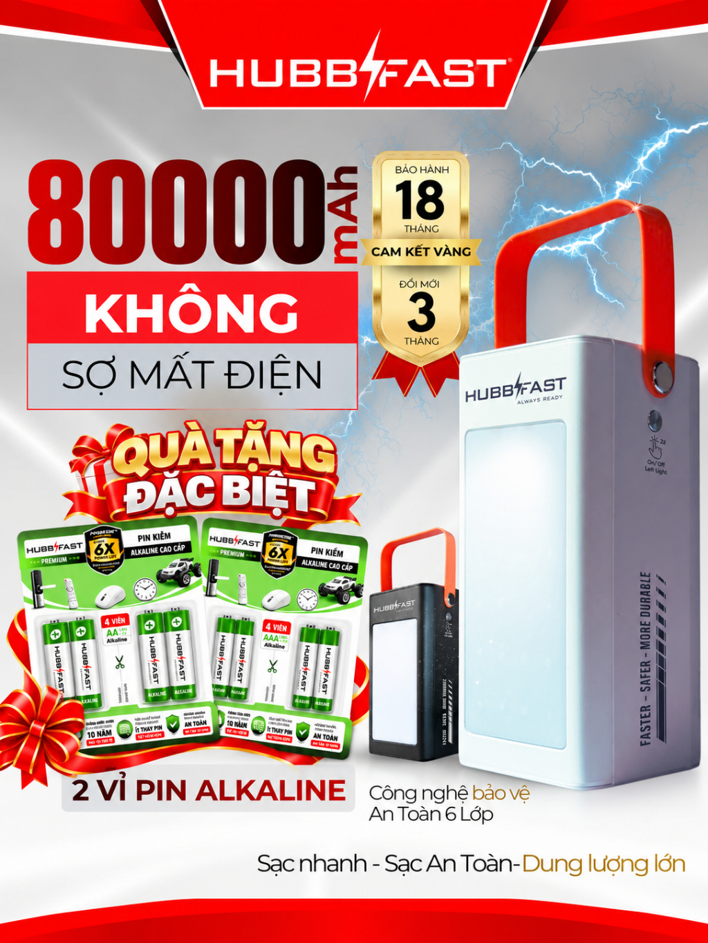 Sạc tích điện 80000mAh HUBBFAST PD100, Sạc nhanh 22.5W, đèn 10 ngày, Bảo Hành chính hãng 18 tháng