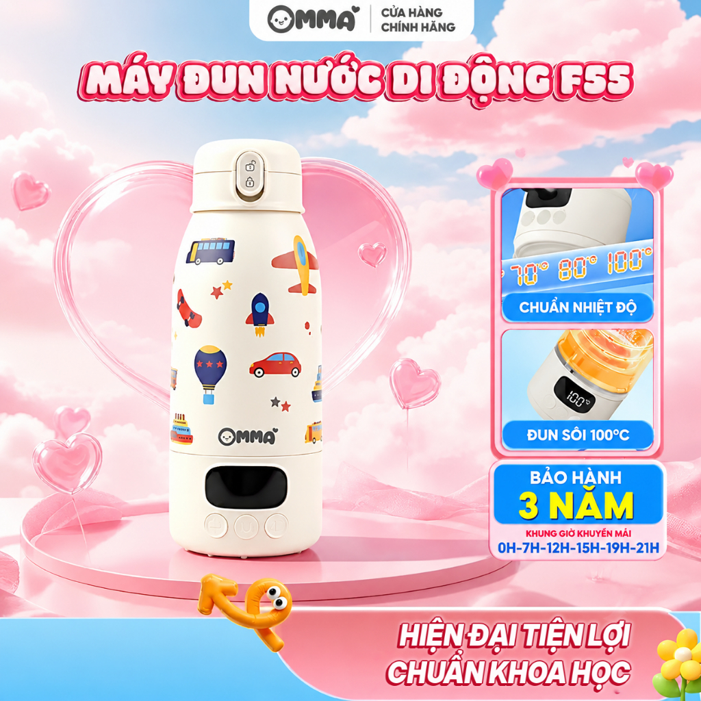 [Bản 2026] Bình đun nước cài nhiệt 35 -100 độ cầm tay di động F55 OMMA tiện lợi mang theo - BH 3 năm