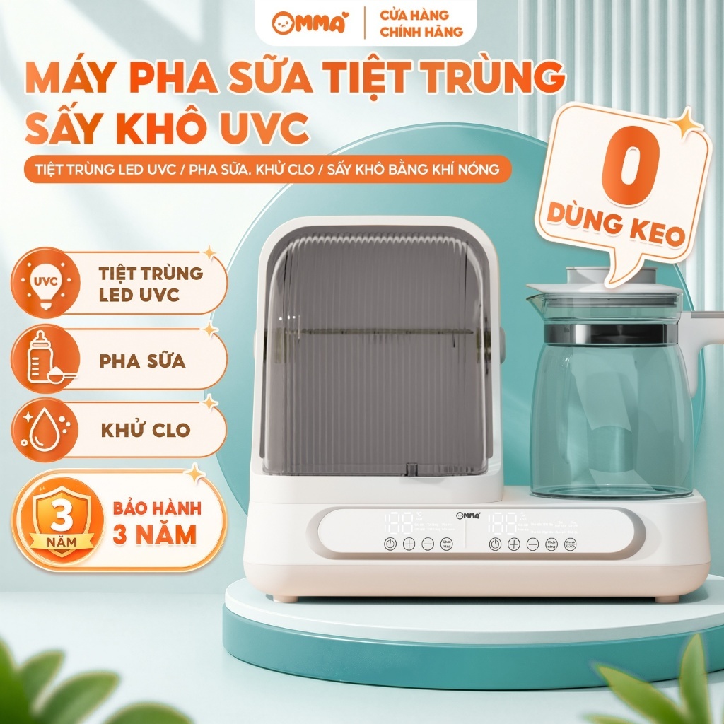 Máy đun hâm pha sữa và sấy khô tiệt trùng UVC OMMA 208 - Đa chức năng - Bảo hành 3 năm