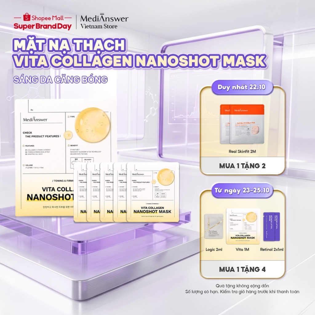 Mặt Nạ Thạch Collagen Nano Sáng Da Căng Bóng MediAnswer Vita Collagen Nanoshot Mask 37g | Hộp 5 Miếng
