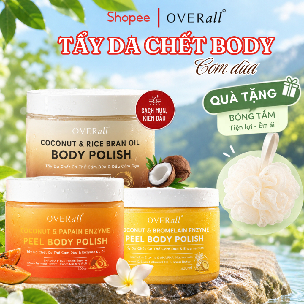 [VOUCHER 20K/0K] Tẩy tế bào chết body OVERall, Tẩy da chết 300g Sáng da Mờ Thâm, Giảm Viêm lỗ chân lông - OVR01