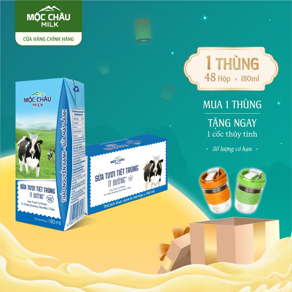Thùng 48 Hộp 180ml Sữa Tươi Tiệt Trùng Ít Đường Mộc Châu Milk (48 hộp*180ml)