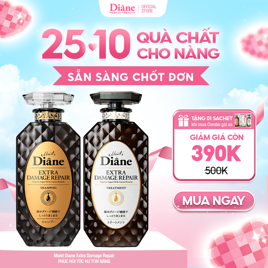 Combo dầu gội xả phục hồi tóc khô xơ chẻ ngọn hư tổn nặng Moist Diane Extra Damage Repair 450ml*2