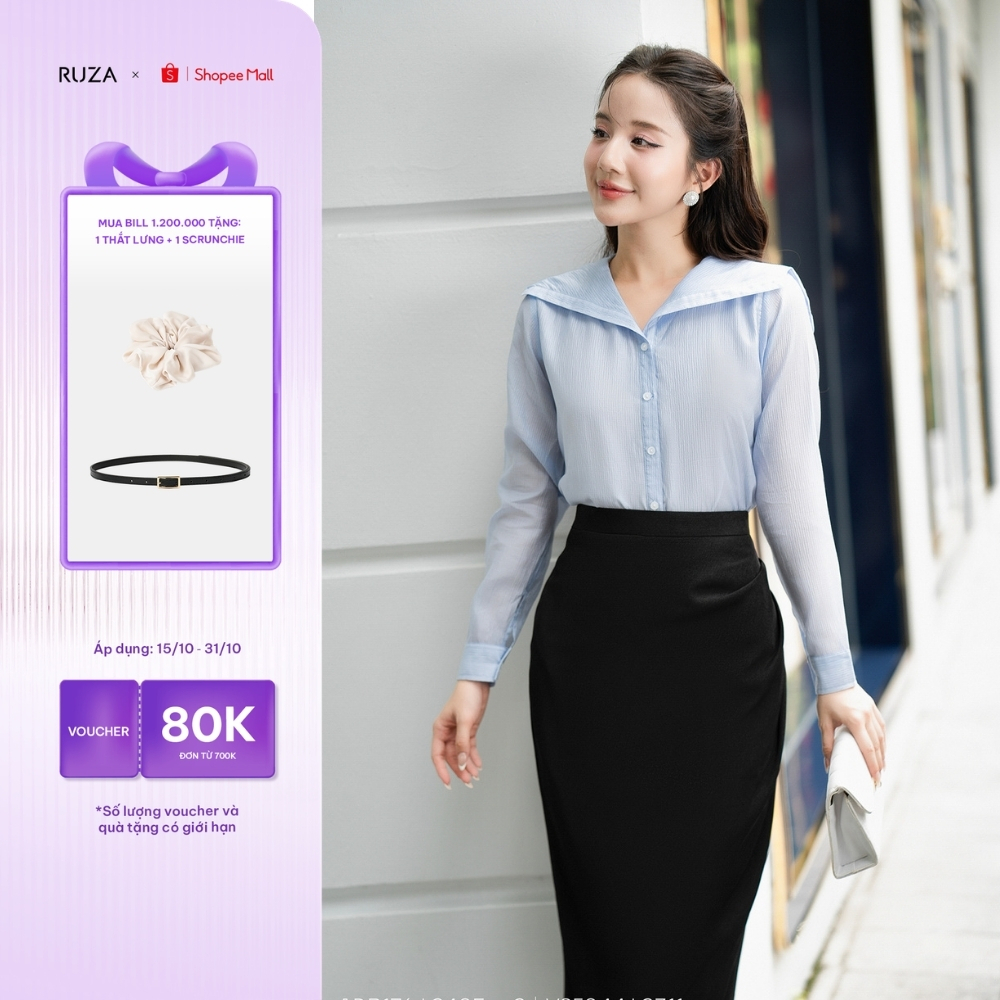 Áo sơ mi nữ tay dài RUZA cổ áo thủy thủ kiểu dáng sang trọng thời trang công sở thanh lịch ADB176